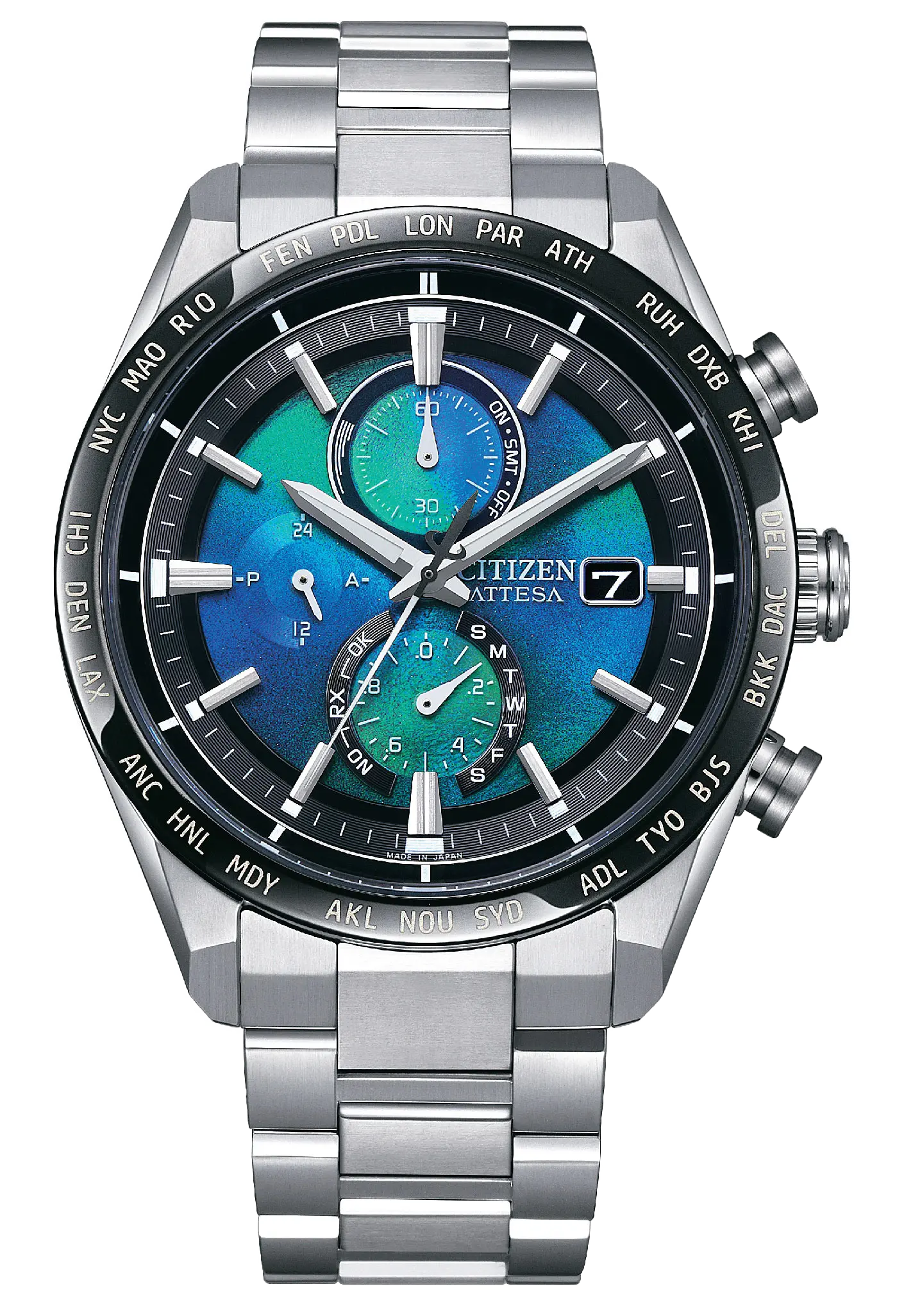 CITIZEN 星辰ATTESA 千彩之海限定款鈦金屬電波對時光動能萬年曆計時腕