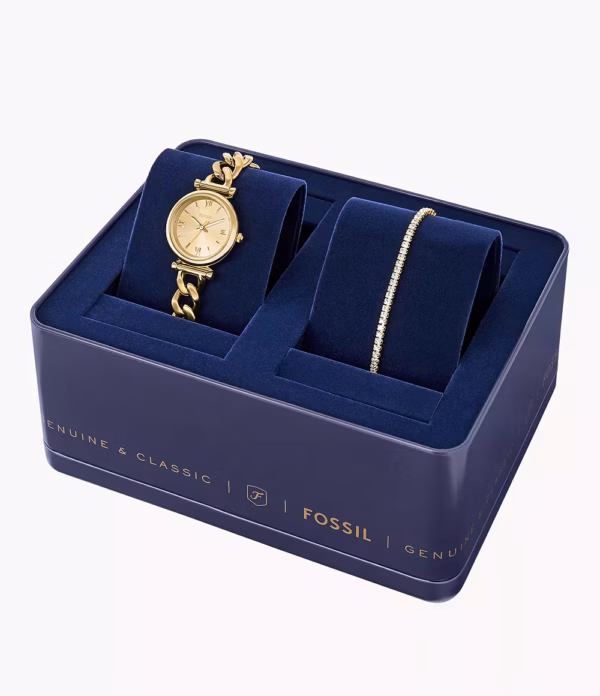 FOSSIL Carlie 優雅金羅馬時刻手錶手鍊套組 金色不鏽鋼錶帶 28MM ES5387SET：圖片 4