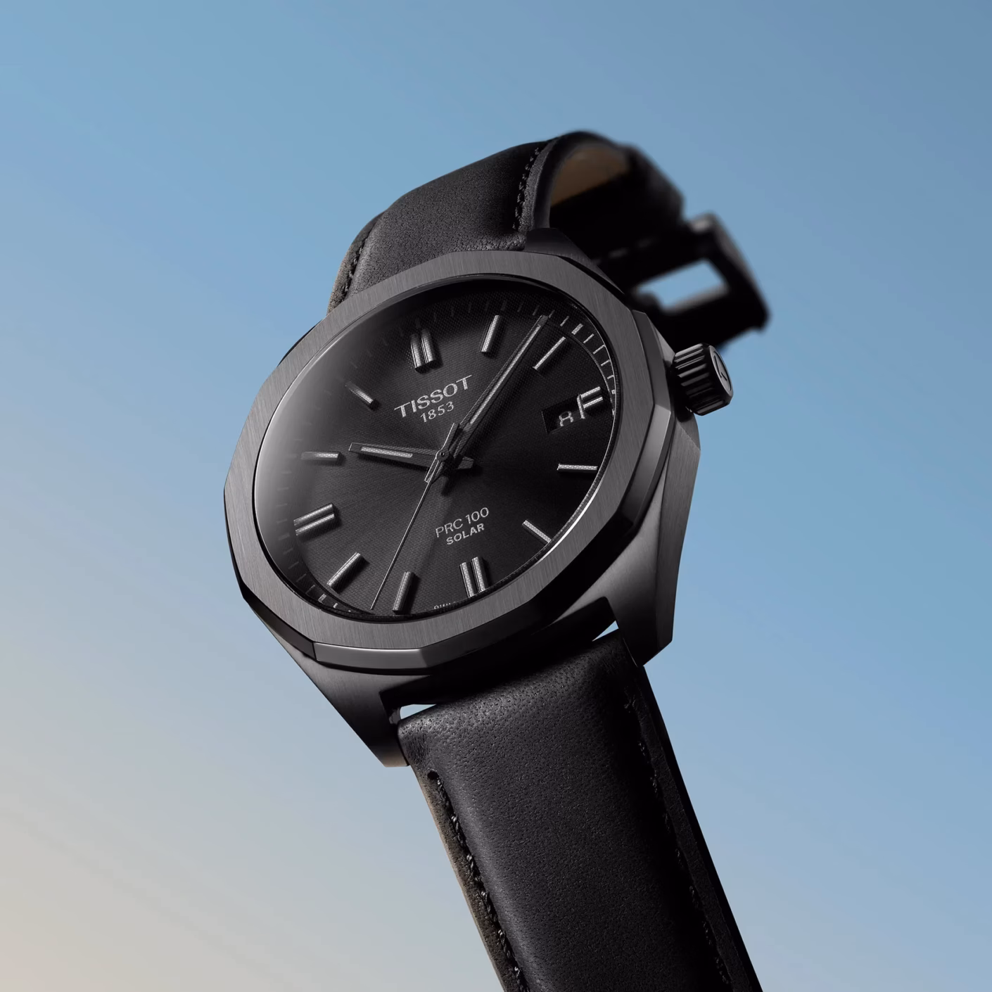TISSOT 天梭 PRC 100 Solar Quartz 39mm 全黑皮革 12邊形太陽能腕錶 T151.422.36.051.00