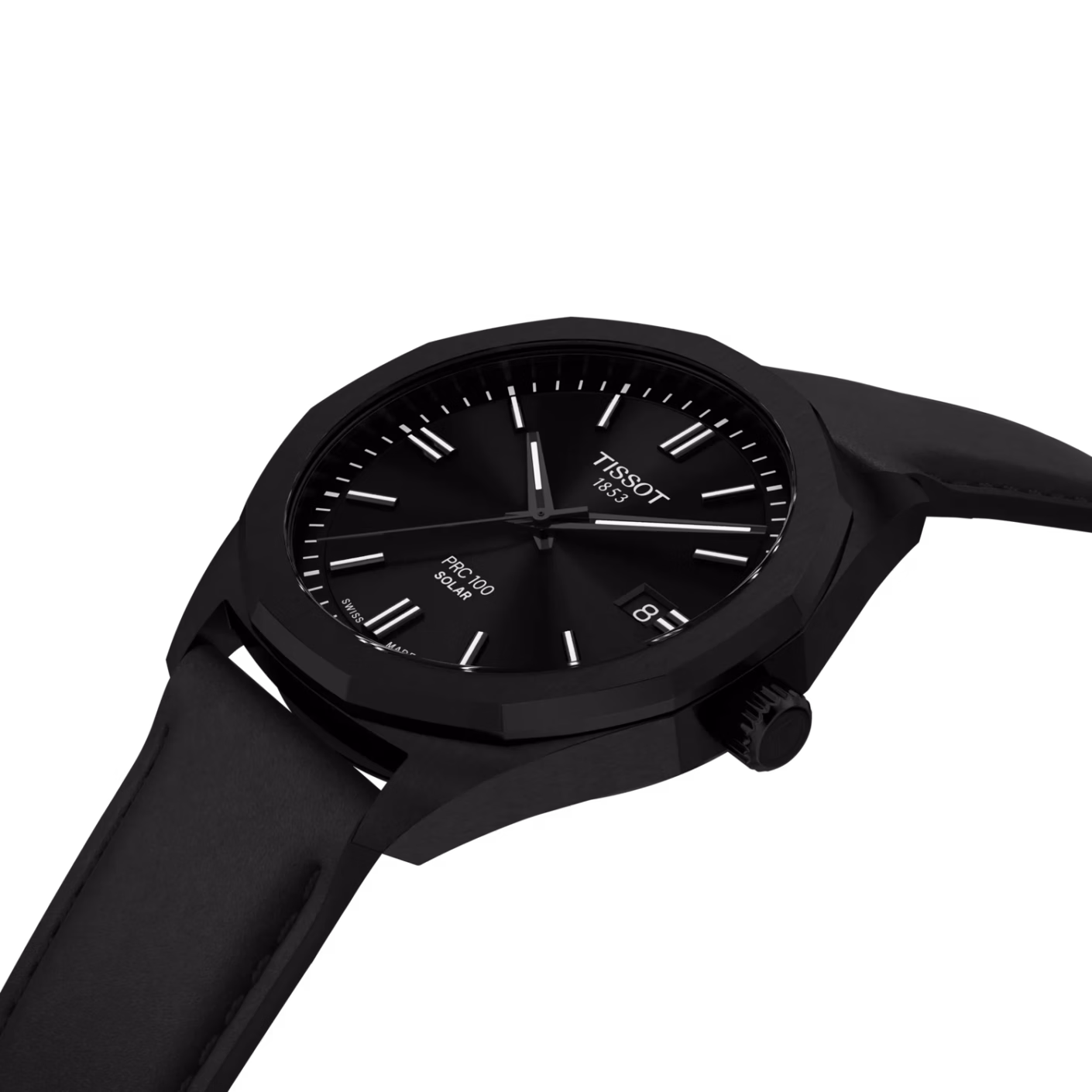 TISSOT 天梭 PRC 100 Solar Quartz 39mm 全黑皮革 12邊形太陽能腕錶 T151.422.36.051.00